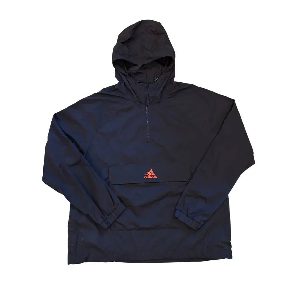 Adidas Windbreaker Mens XL Blue Hooded Pullover Packable Lightweight Streetwear